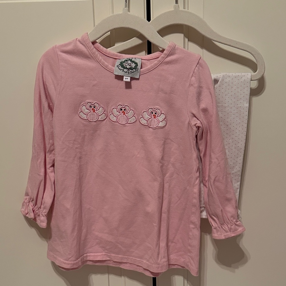 Cecil & Lou Pink Girls Long-Sleeve Turkey Appliqué Set